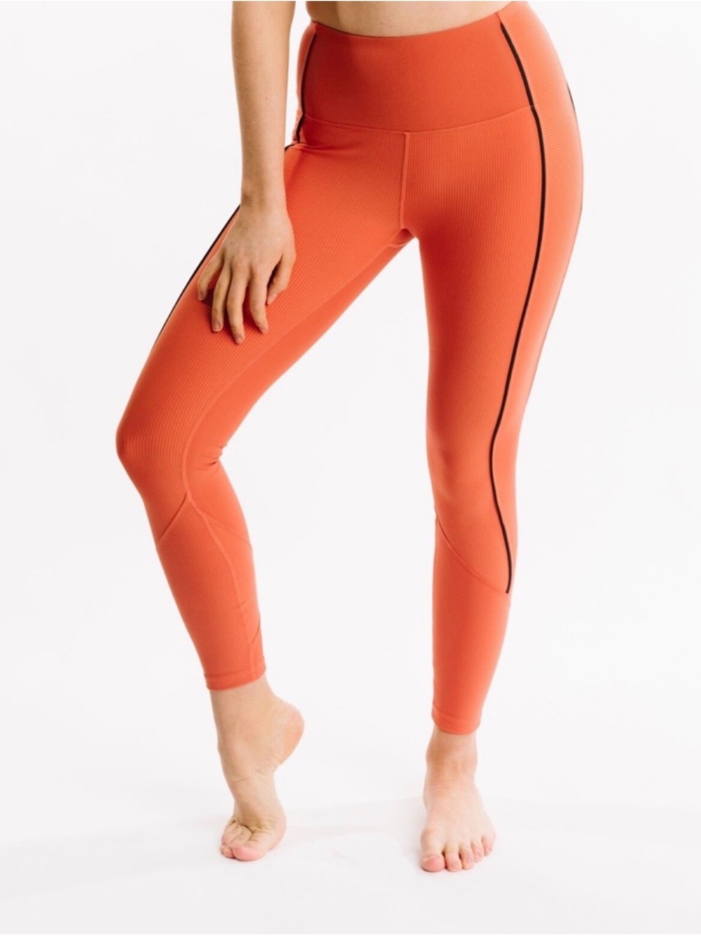 ZYIA Active Burnt Orange Premium Ribbed 7/8 leggings featuring black piping